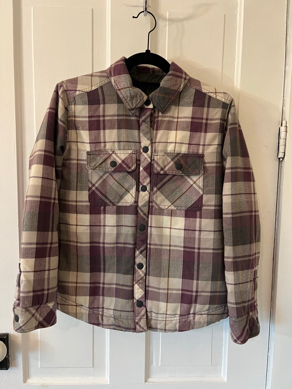 Outdoor Research reversible shacket plaid jacket pockets womens xs gray & purple